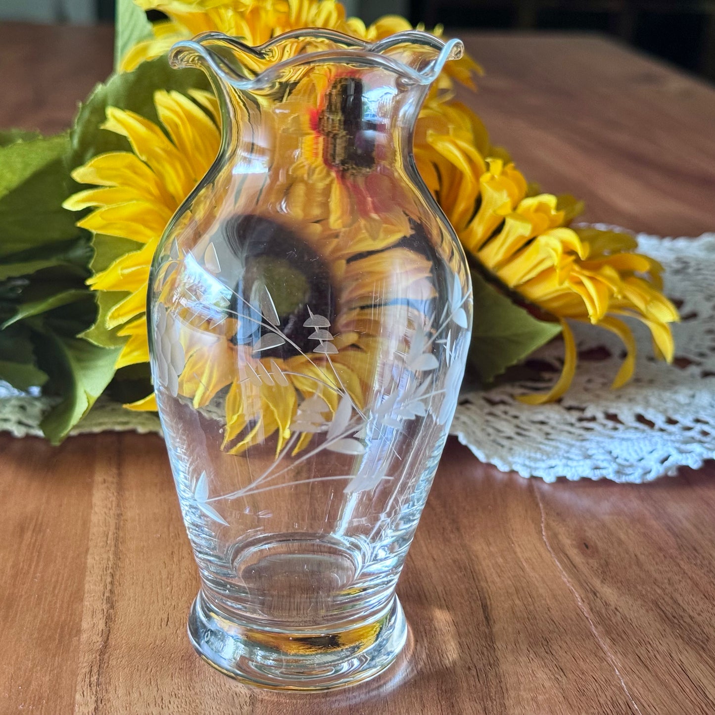 Hand Cut Etched Glass Bud Vase