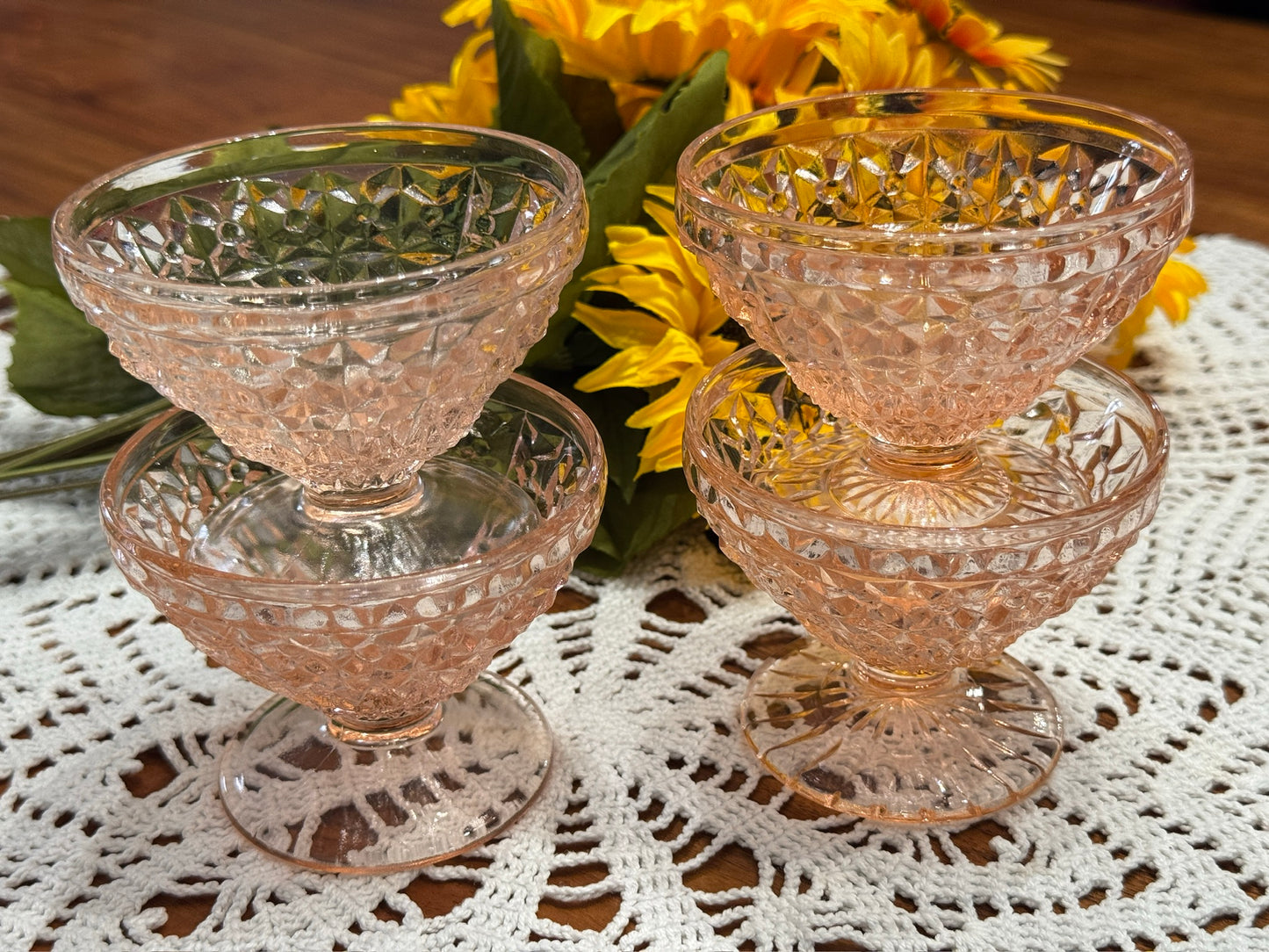 Pink Jeannette Depression Glass Holiday Button & Bows Sherbet Bowls