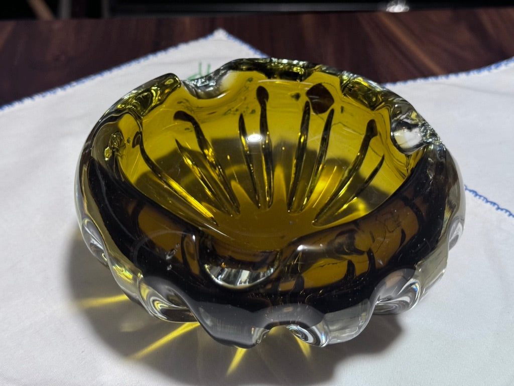 Heavy Amber/Clear Art Glass Ashtray