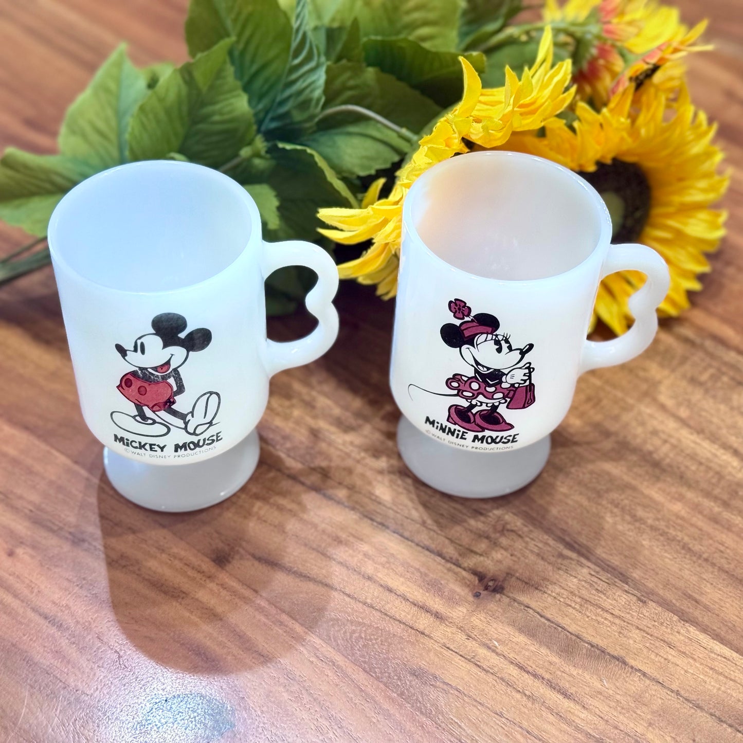 Walt Disney Productions Mickey and Minnie Mouse Milk Glass Mugs