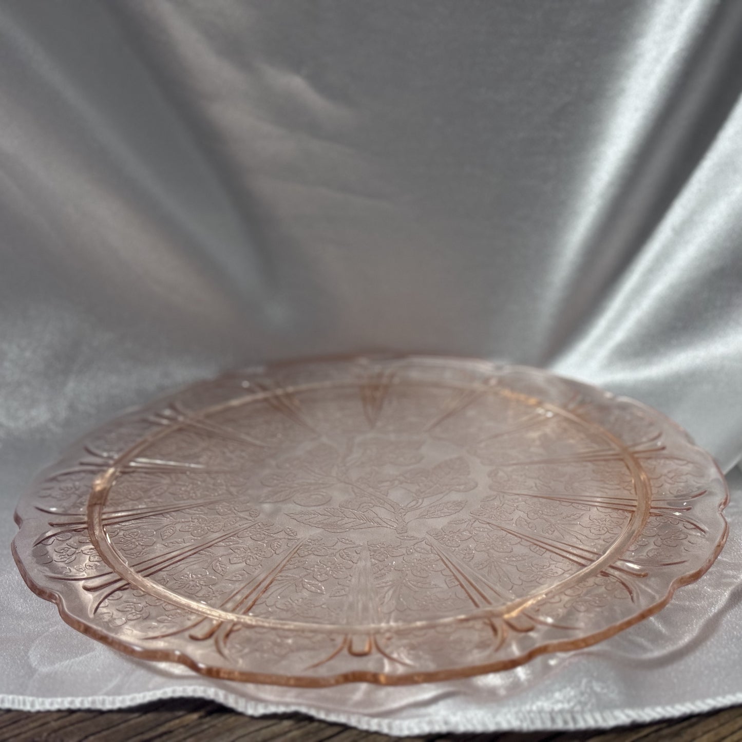 Pink Depression Glass Cake Plate - Cherry Blossom Pattern