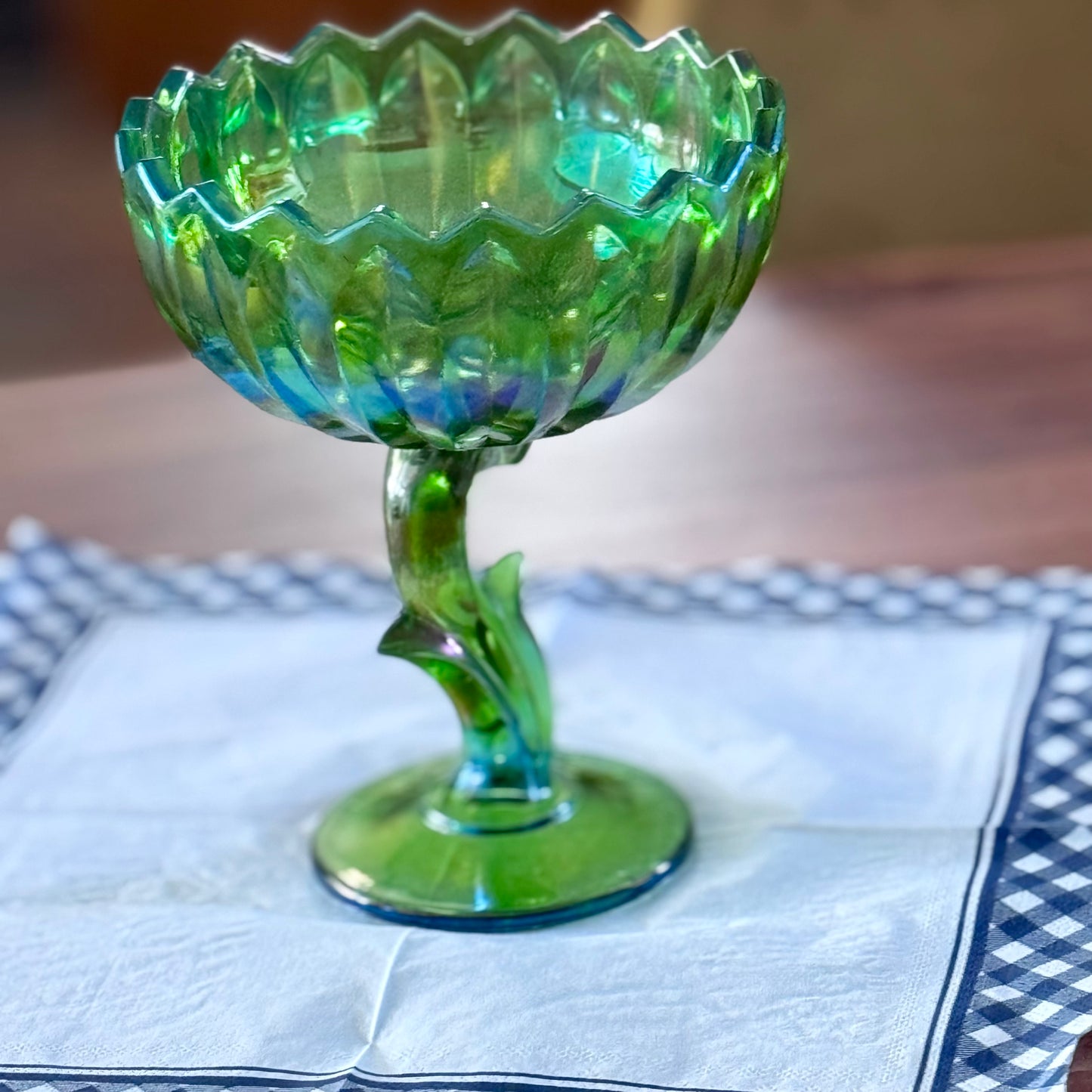 Indiana Green Glass Floral/Lotus Compote/Pedestal Bowl