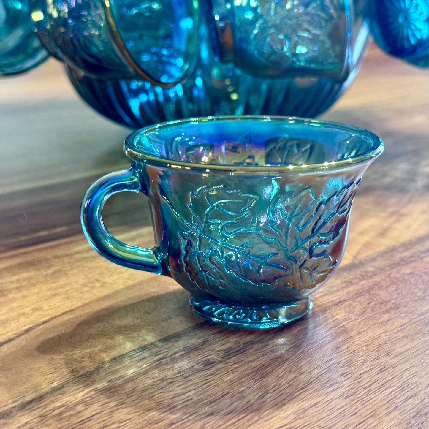 Iridescent Blue Carnival Glass Princess Punch Cups