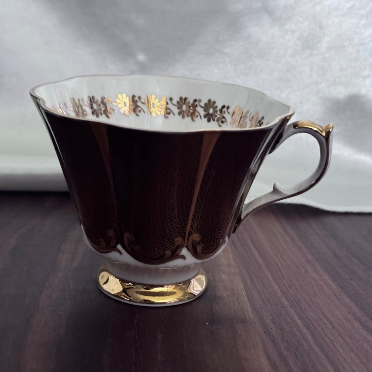 Queen Anne Teacup and Saucer (Brown/White/Gold)