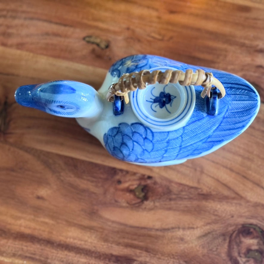Hand Painted Blue/White Duck Teapot with Bamboo Handle