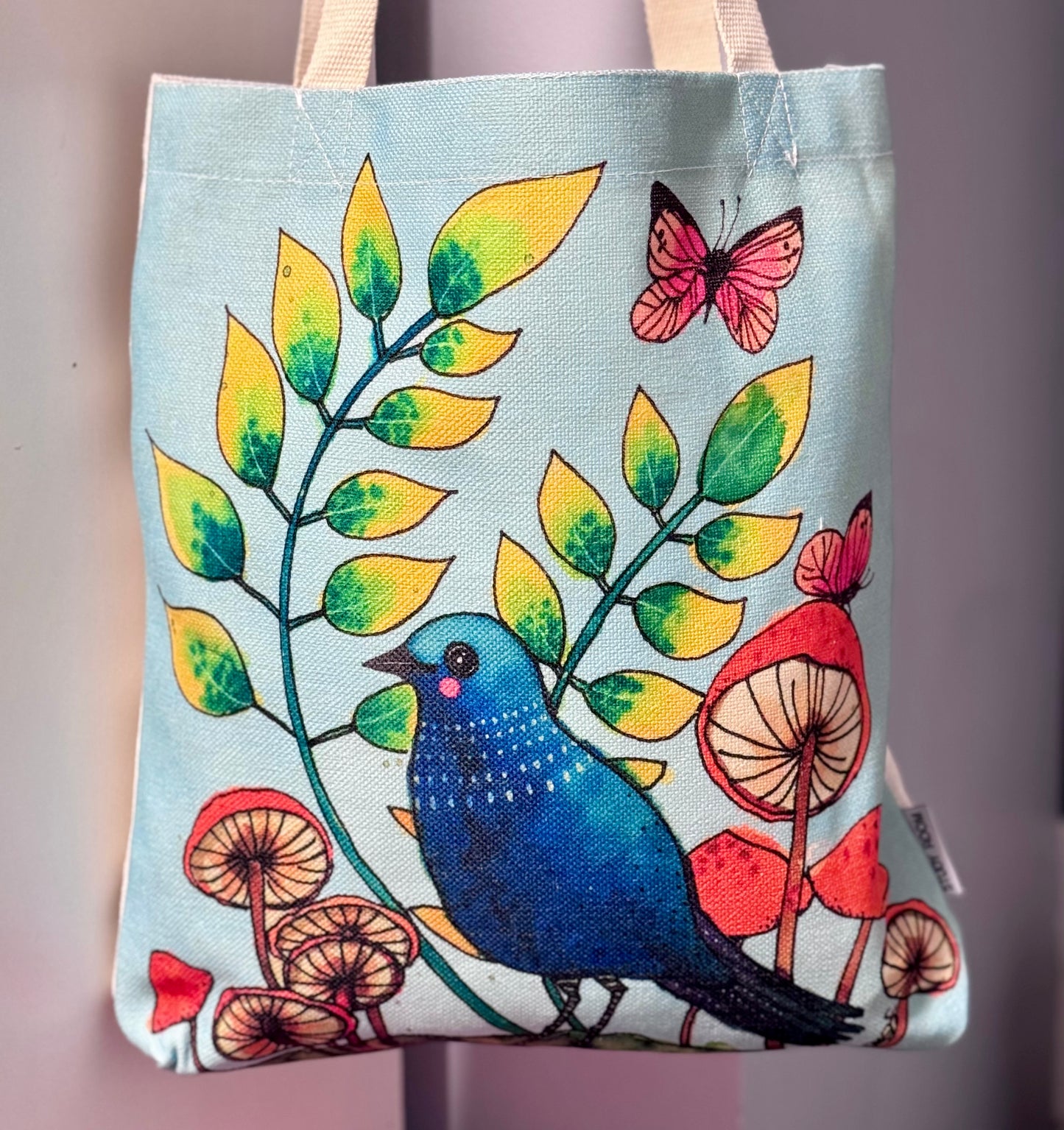 Blue Bird, Mushrooms, Butterflies on Blue Tote Bag