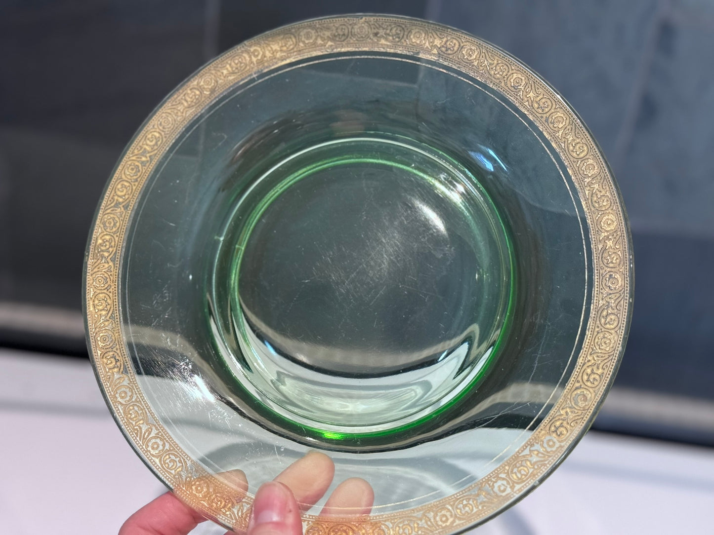 Green Depression Vaseline Uranium Glass Gold Trim Plates