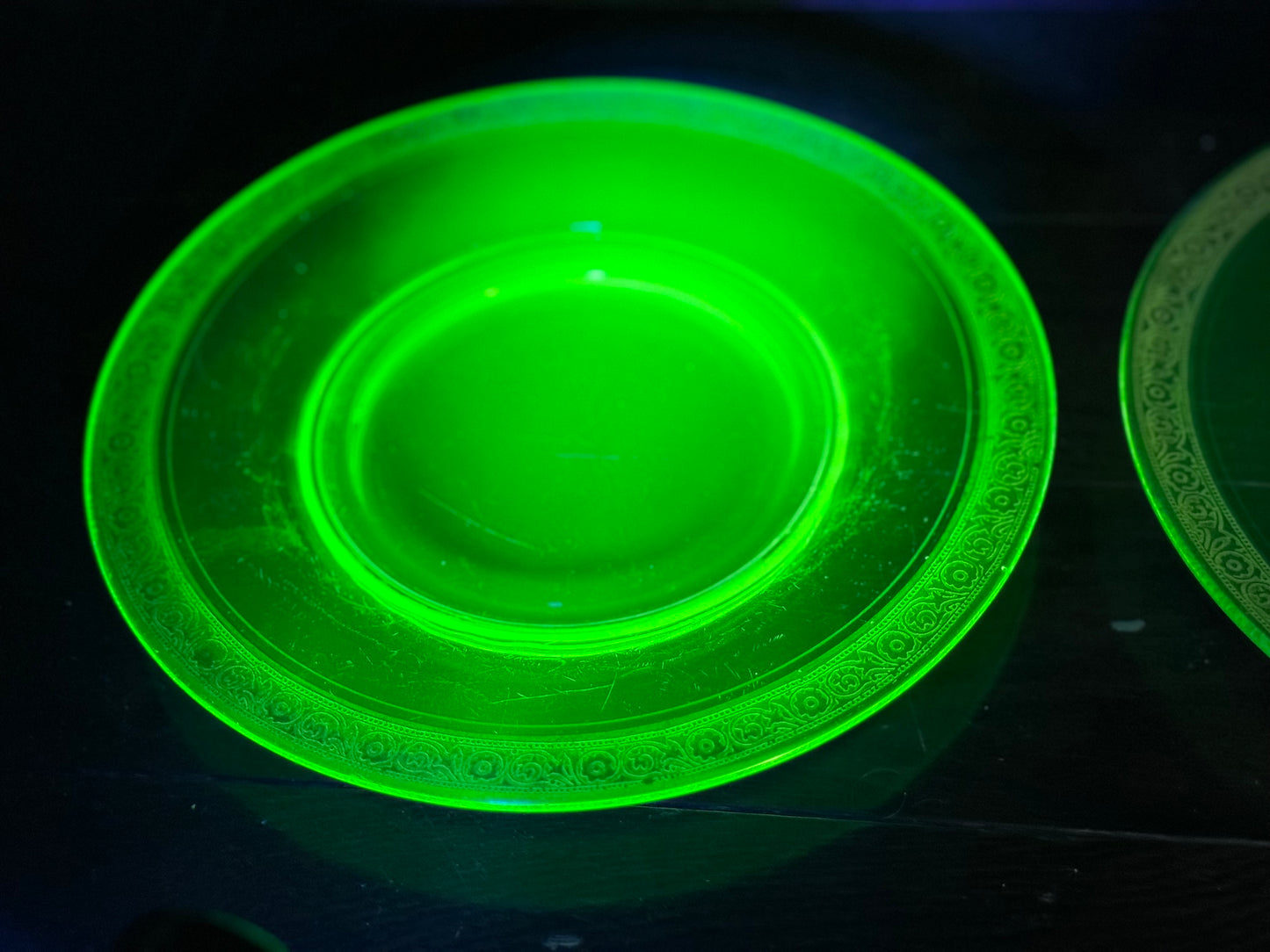 Green Depression Vaseline Uranium Glass Gold Trim Plates