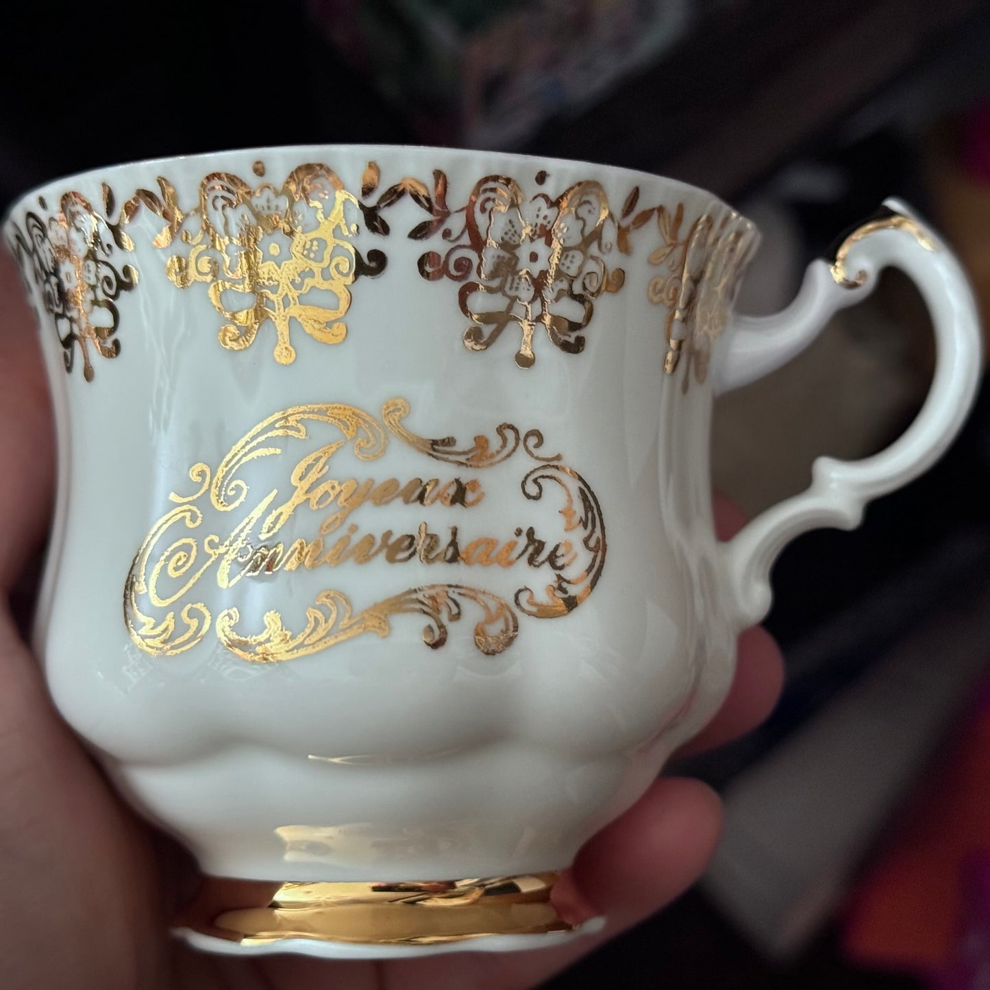 Paragon 'Joyeux Anniversaire' Golden Floral Pattern Teacup and Saucer