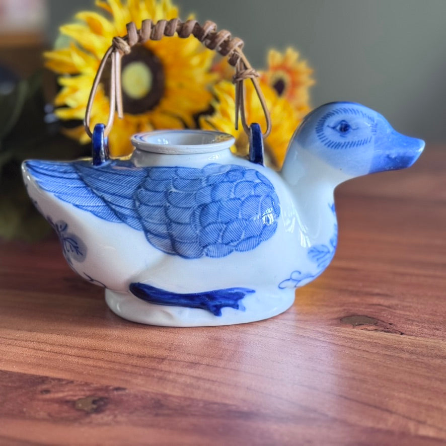 Hand Painted Blue/White Duck Teapot with Bamboo Handle