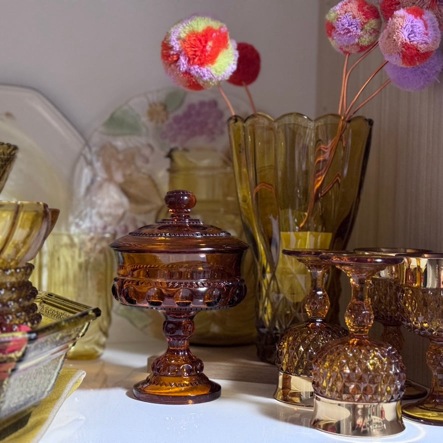 Indiana Glass King's Crown Amber Thumbprint Candy Dish