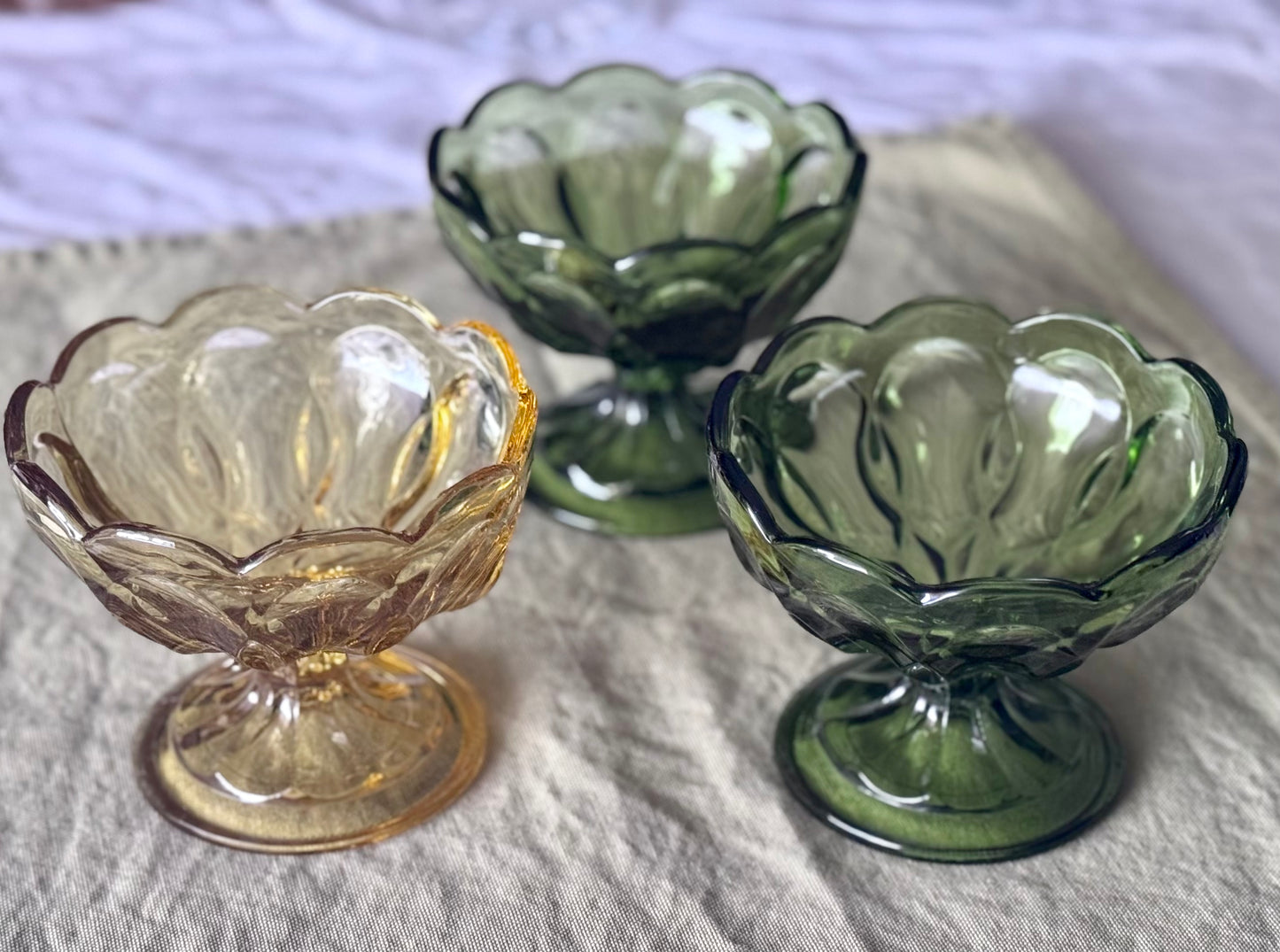 Anchor Hocking Green/Amber Glass Footed Compote Bowls