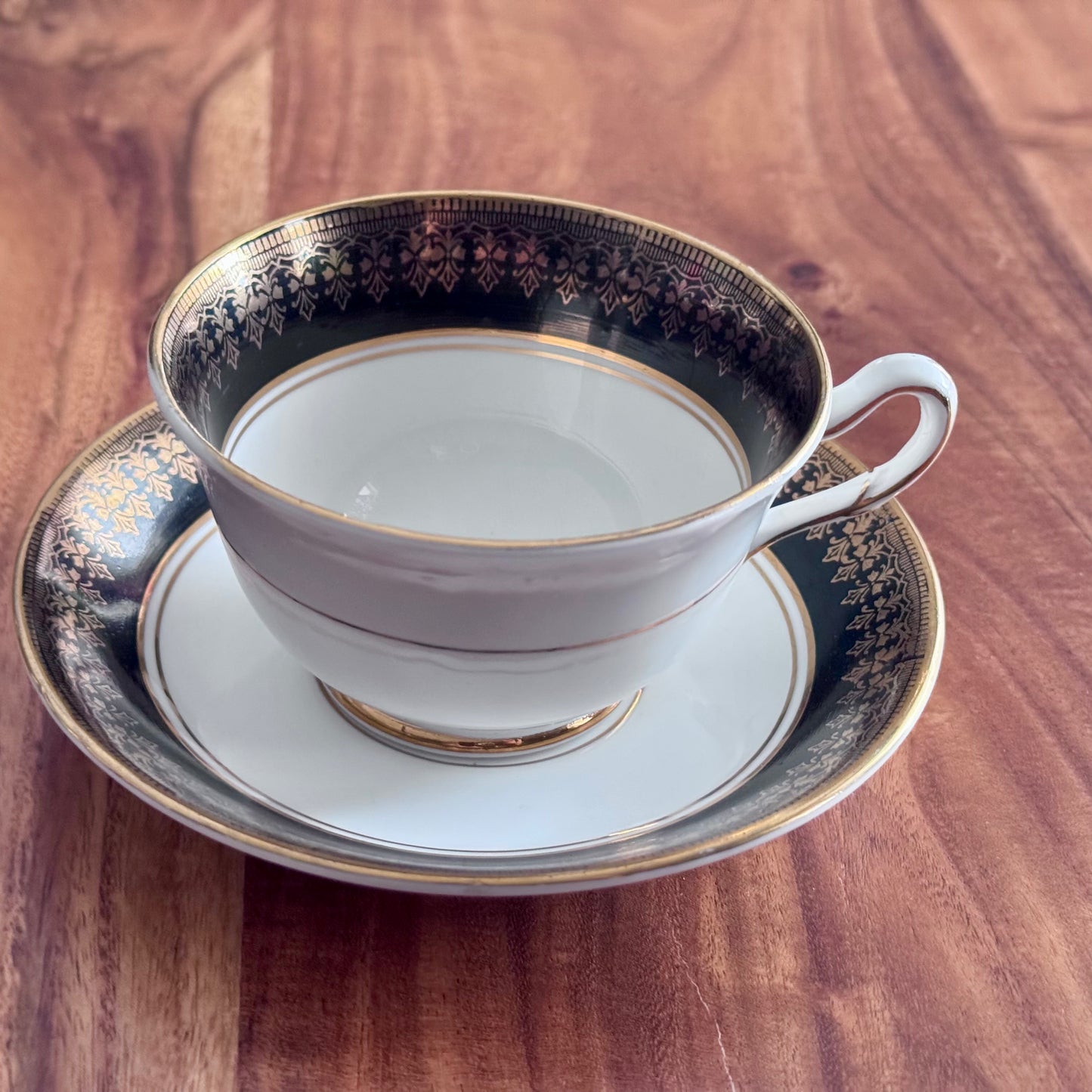 Phoenix Bone China Black/Gold/White Teacup & Saucer
