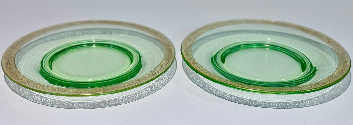 Green Depression Vaseline Uranium Glass Gold Trim Plates