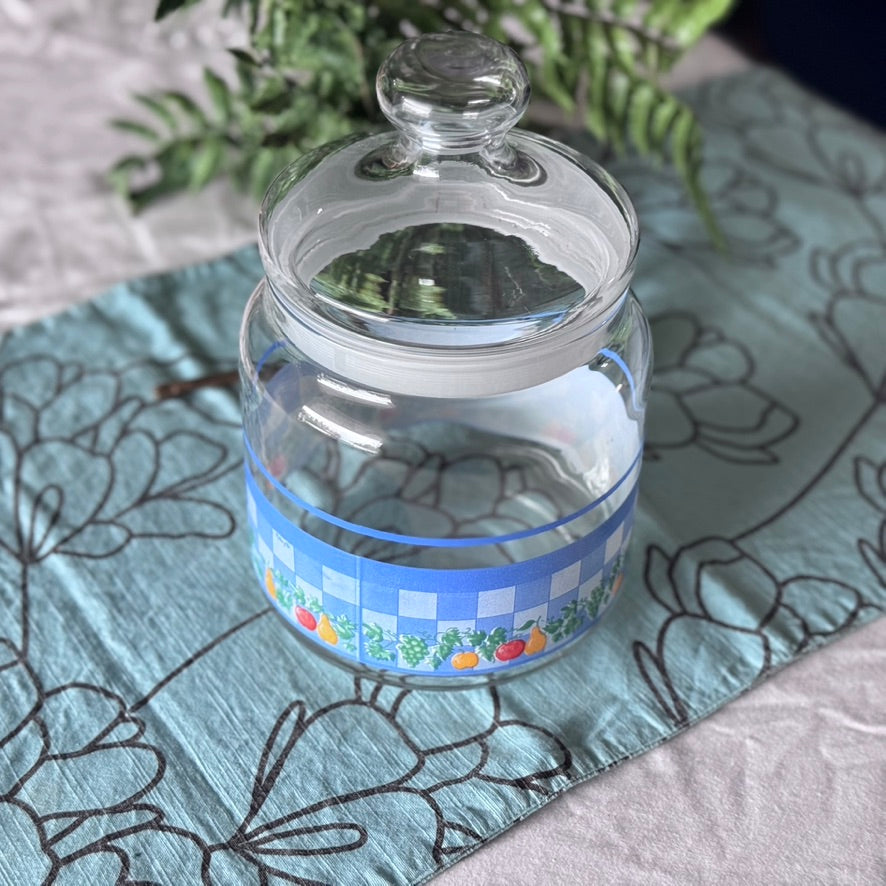 Blue Checkered & Fruit Glass Canister by Palluy