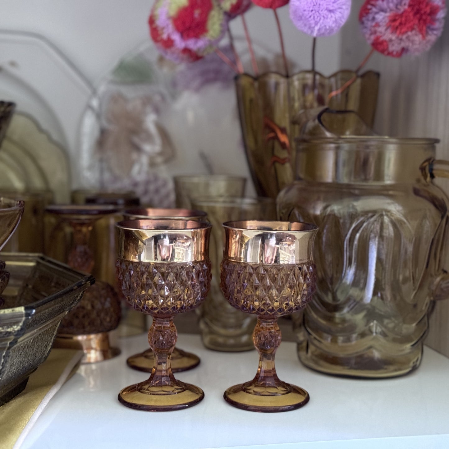 Amber Wine Glasses/Goblets with Gold Gilt Band