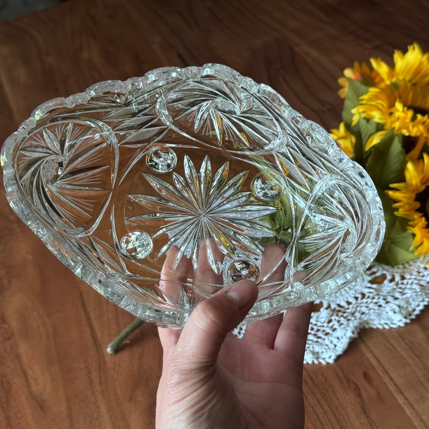 Hand Cut Footed Oval Pinwheel Lead Crystal Bowl
