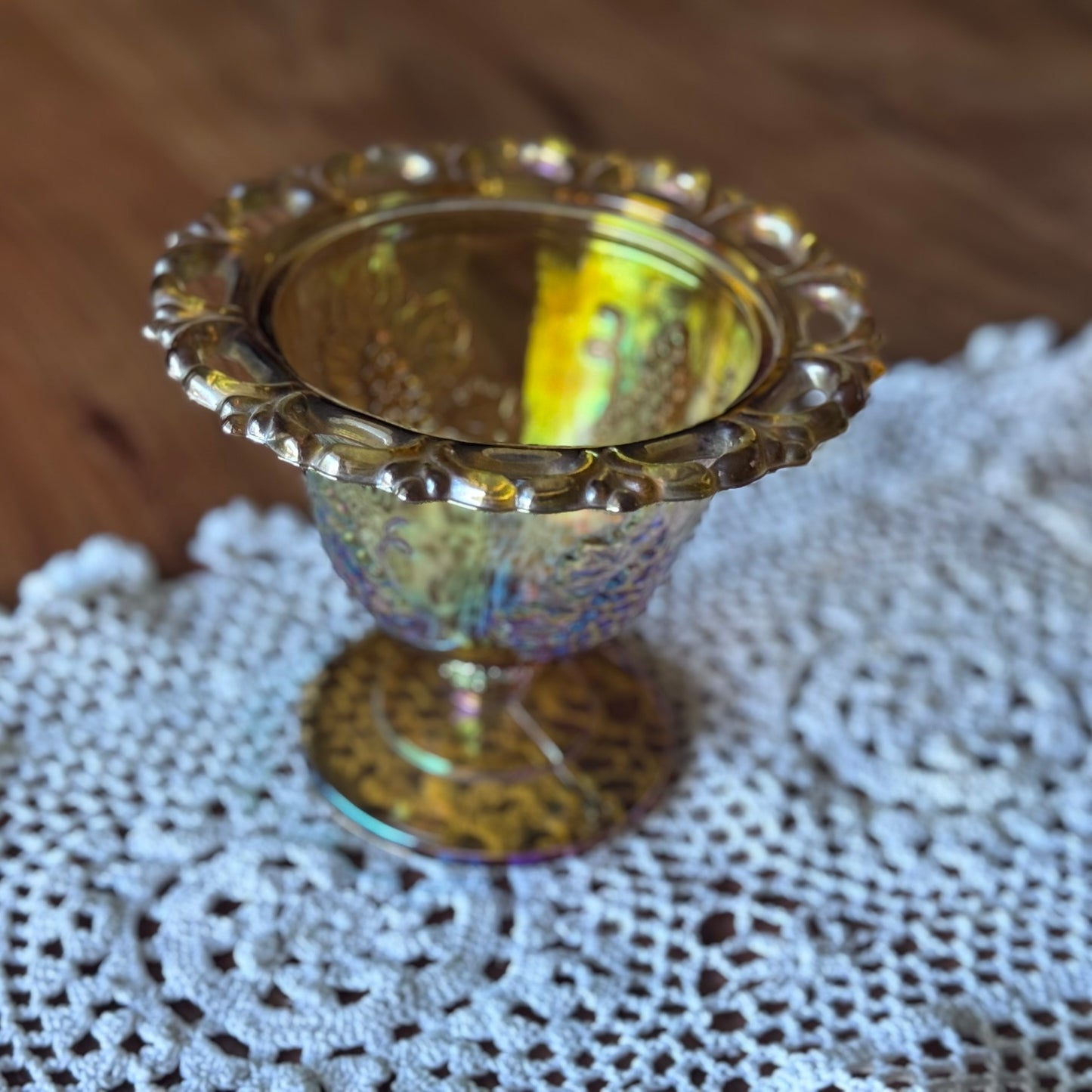 Indiana Glass Marigold Iridescent Harvest Grape Lace Edge Candy Dish/Compote