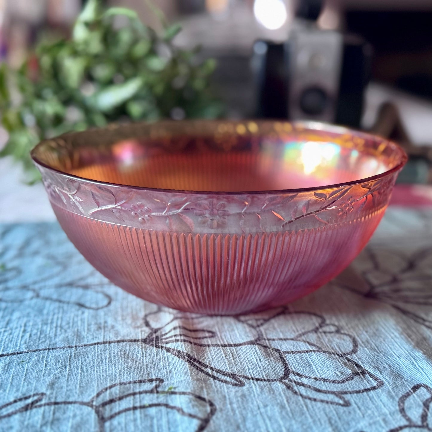 Carnival Glass Marigold/Orange Floral and Ribbed Bowl