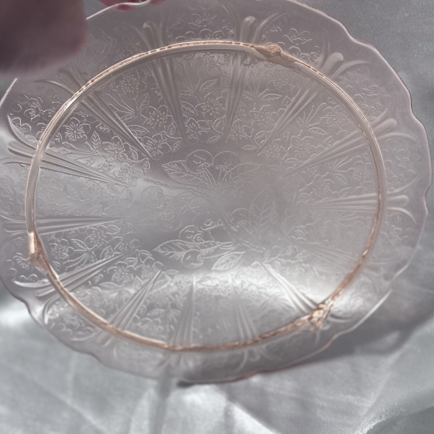 Pink Depression Glass Cake Plate - Cherry Blossom Pattern