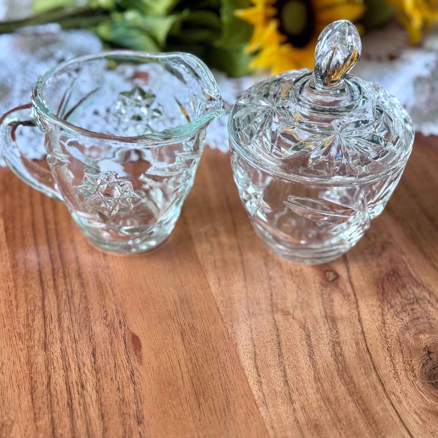 Anchor Hocking Star of David Cut Glass Creamer and Covered Sugar Set
