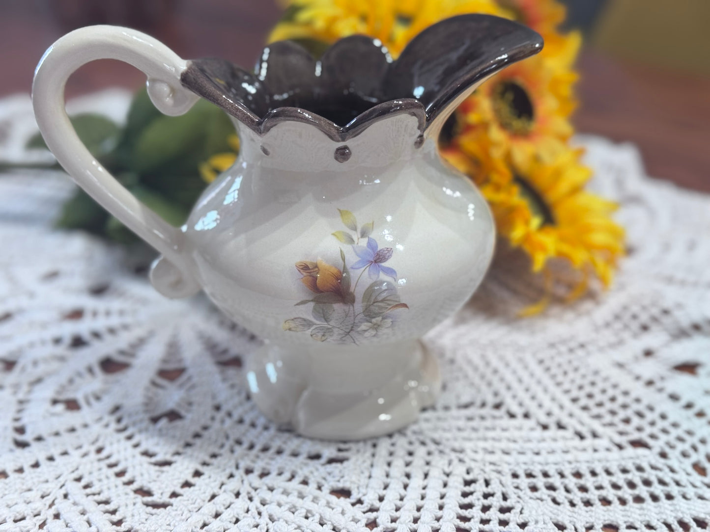 Small Ivory/Brown Ceramic Hand Painted Vase/Pitcher