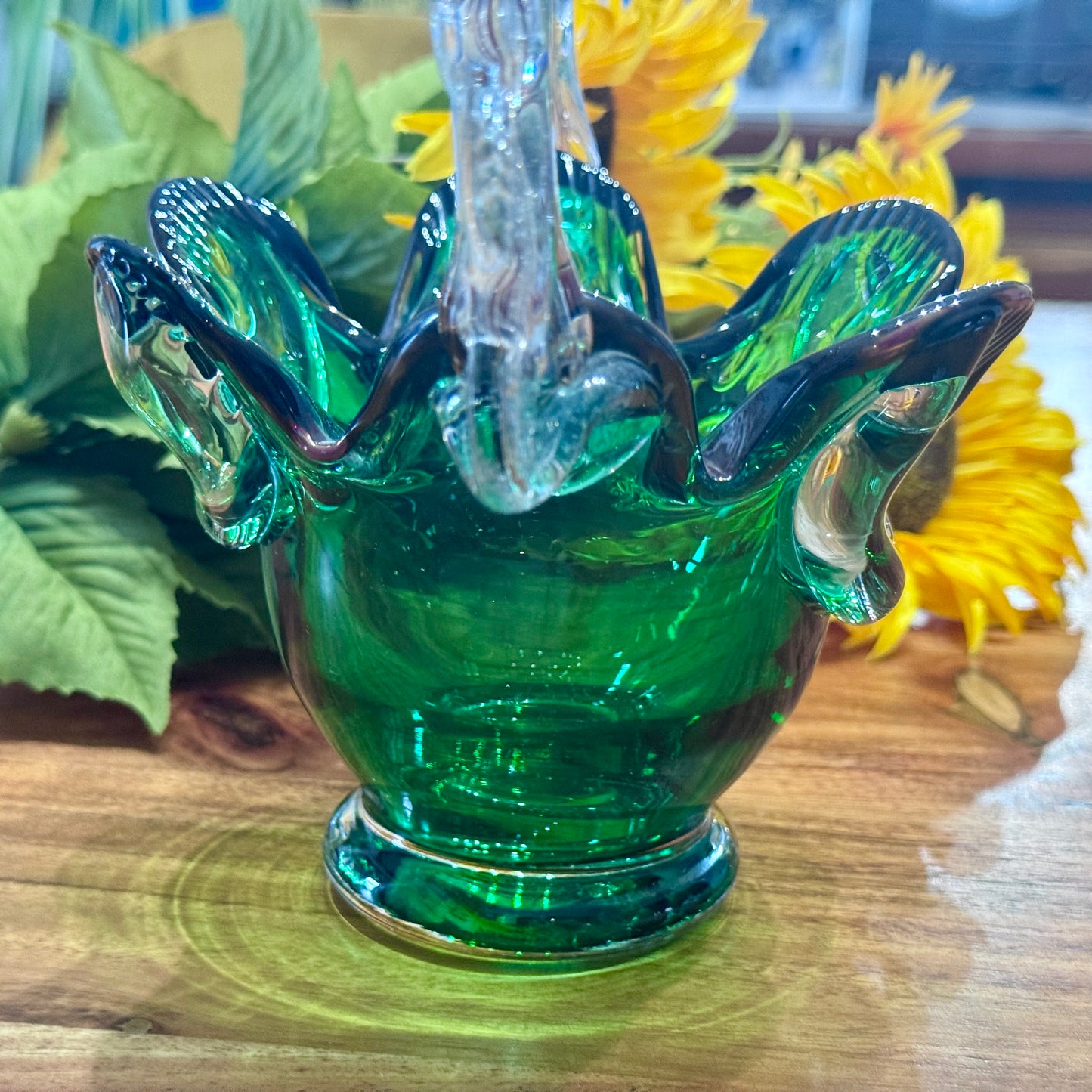 Murano Green Glass Basket Vase