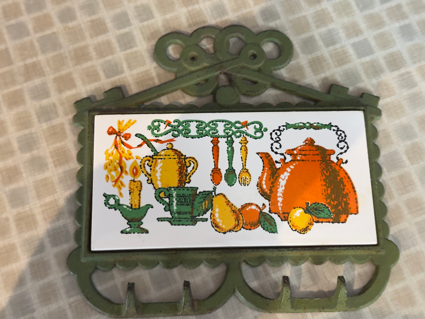 Vintage Green Cast Iron & Kitchen Tile Wall Motif Key Holder/Towel Holder