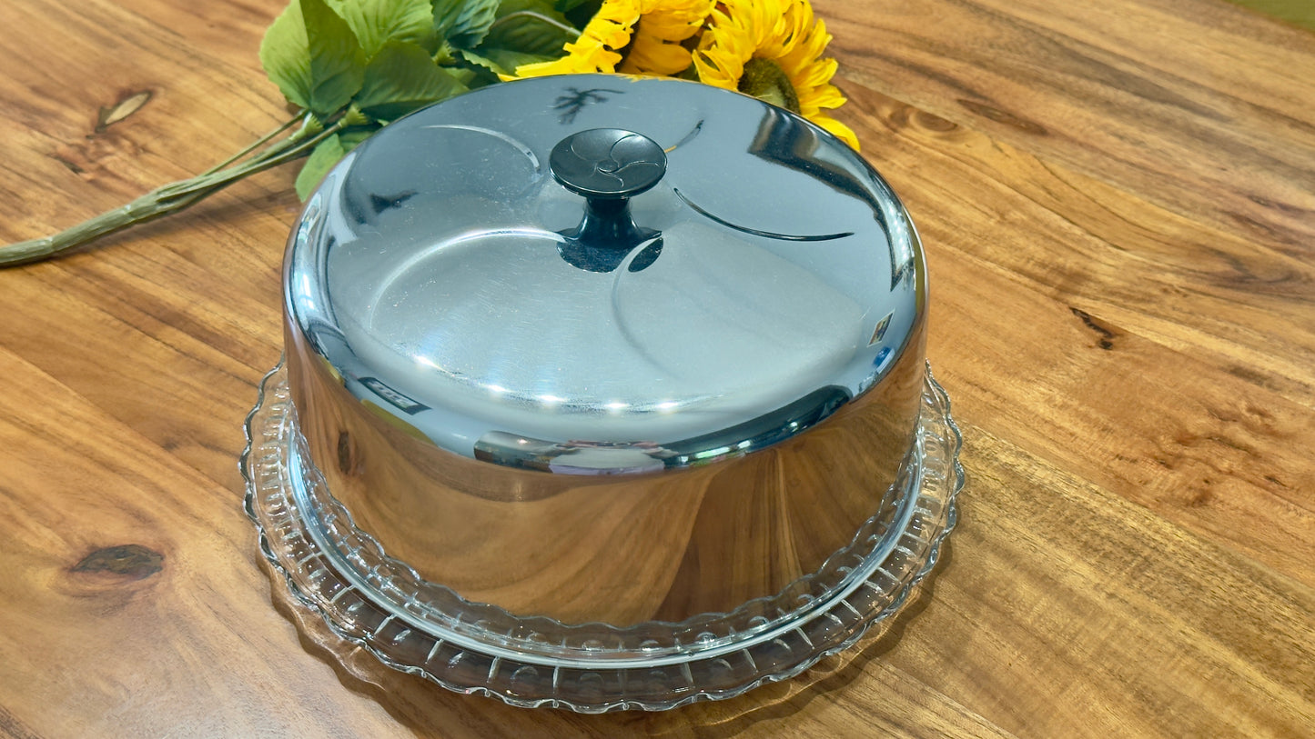 Vintage Chrome Cake Cover & Pressed Glass Cake Plate