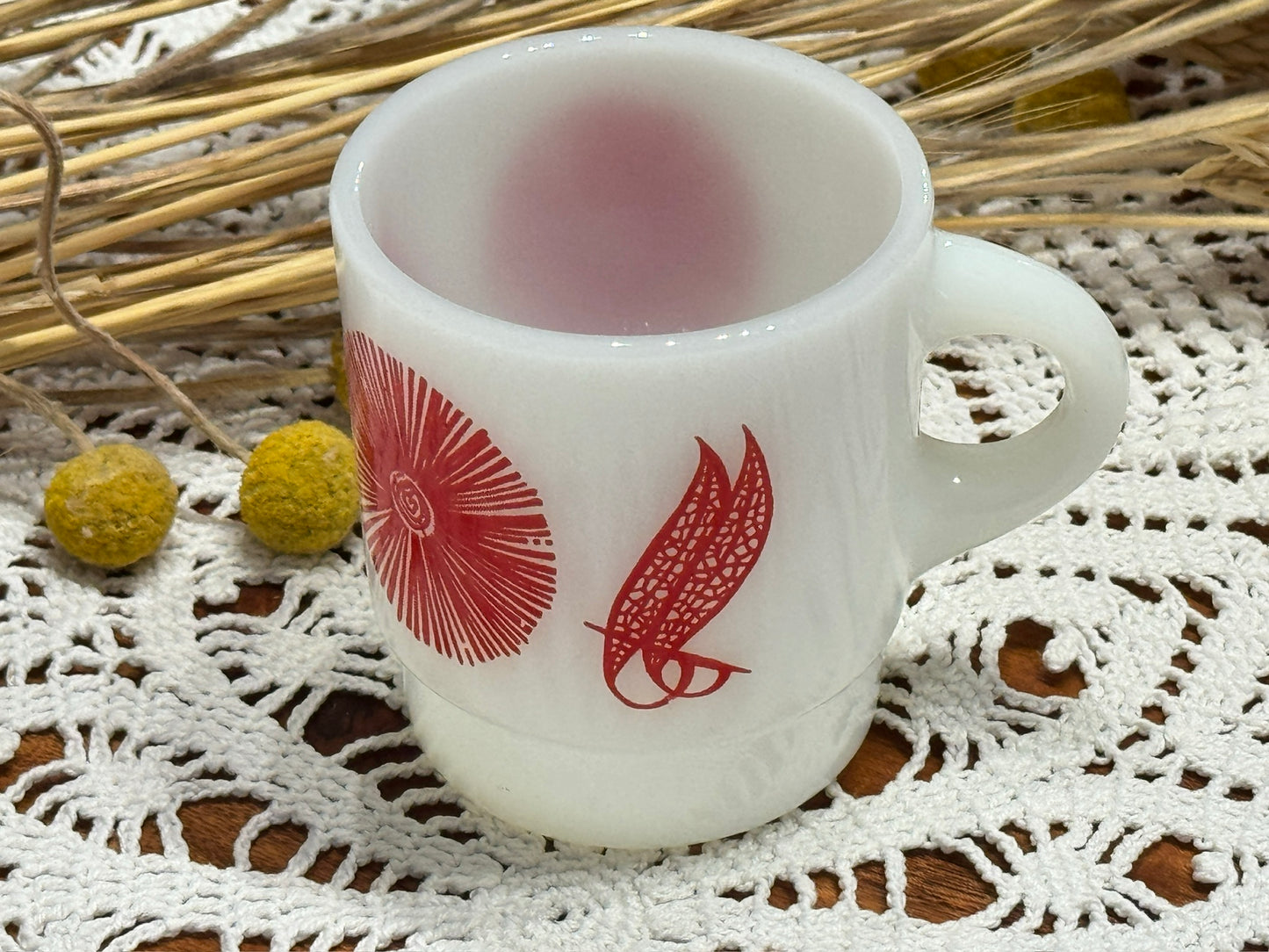 Anchor Hocking Fire-King Red Feathered Floral Stackable Milk Glass Mug
