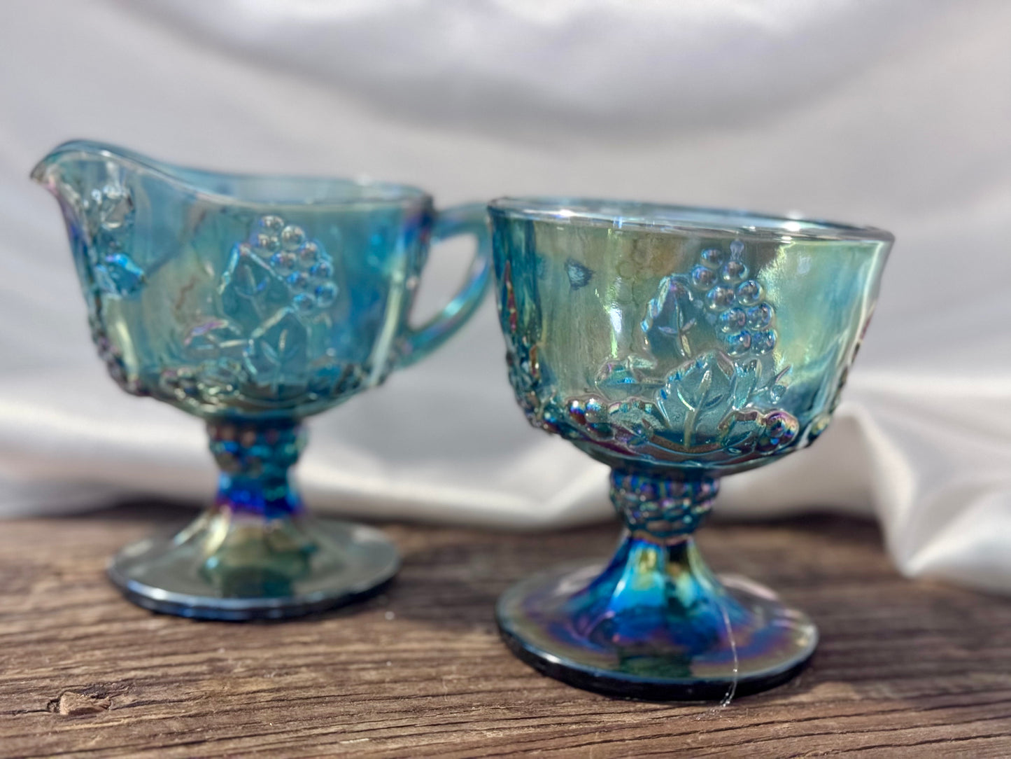 Indiana Blue Carnival Glass Harvest Grape Cream and Sugar Set