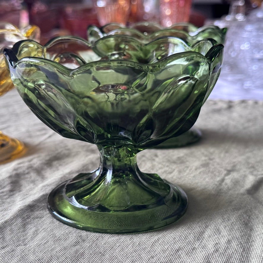 Anchor Hocking Green/Amber Glass Footed Compote Bowls