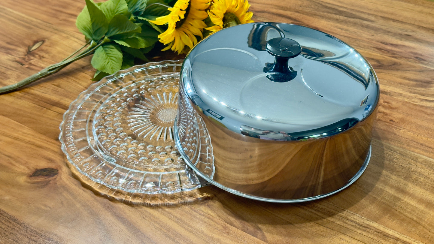 Vintage Chrome Cake Cover & Pressed Glass Cake Plate