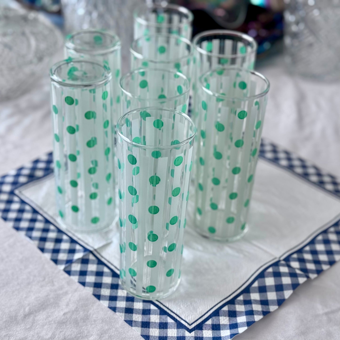 Dominion Highball Green Polka Dot with White Frosted Strip Drinking Glasses
