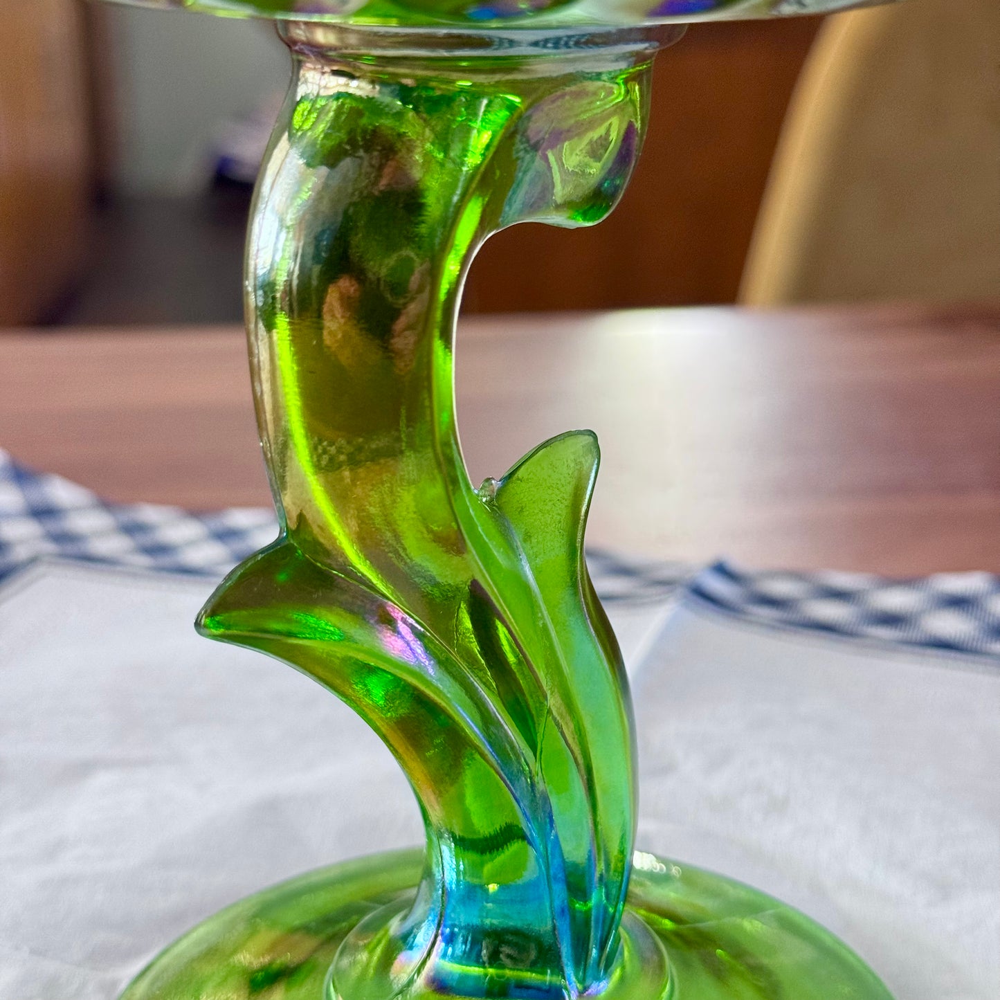 Indiana Green Glass Floral/Lotus Compote/Pedestal Bowl