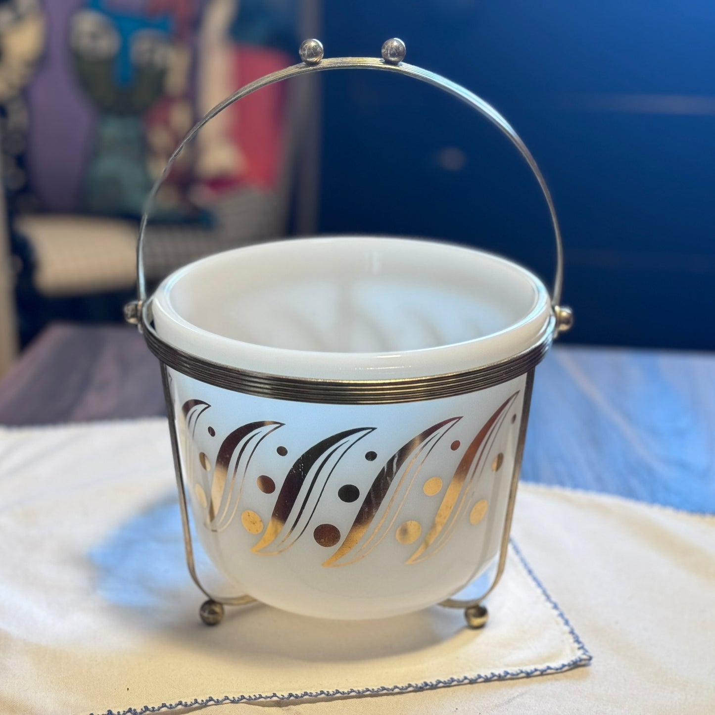 Milk Glass Atomic Gold Ice Bucket