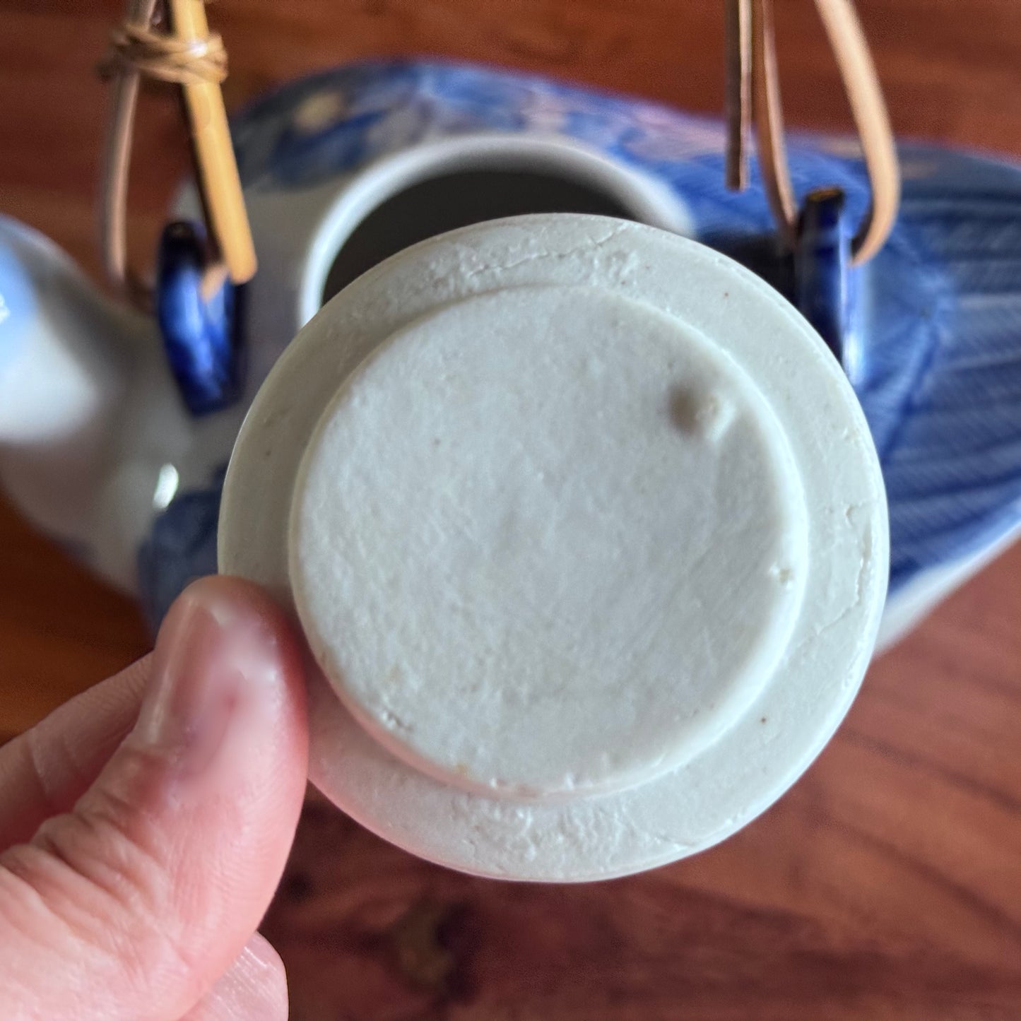 Hand Painted Blue/White Duck Teapot with Bamboo Handle