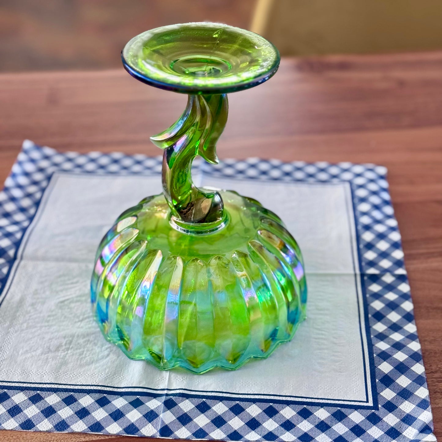 Indiana Green Glass Floral/Lotus Compote/Pedestal Bowl