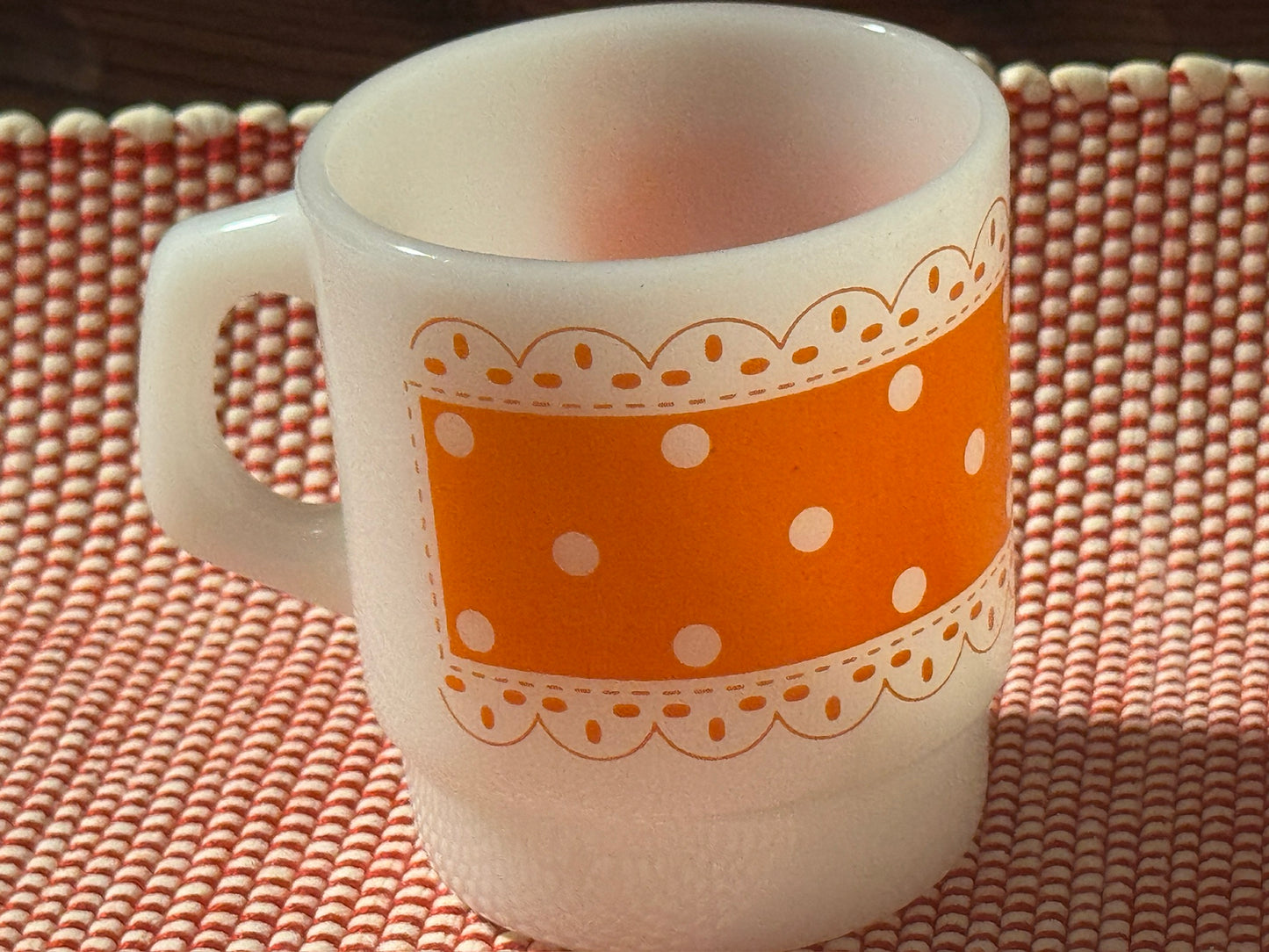 Anchor Hocking Fire-King Orange Polka Dot Lace Milk Glass Mug