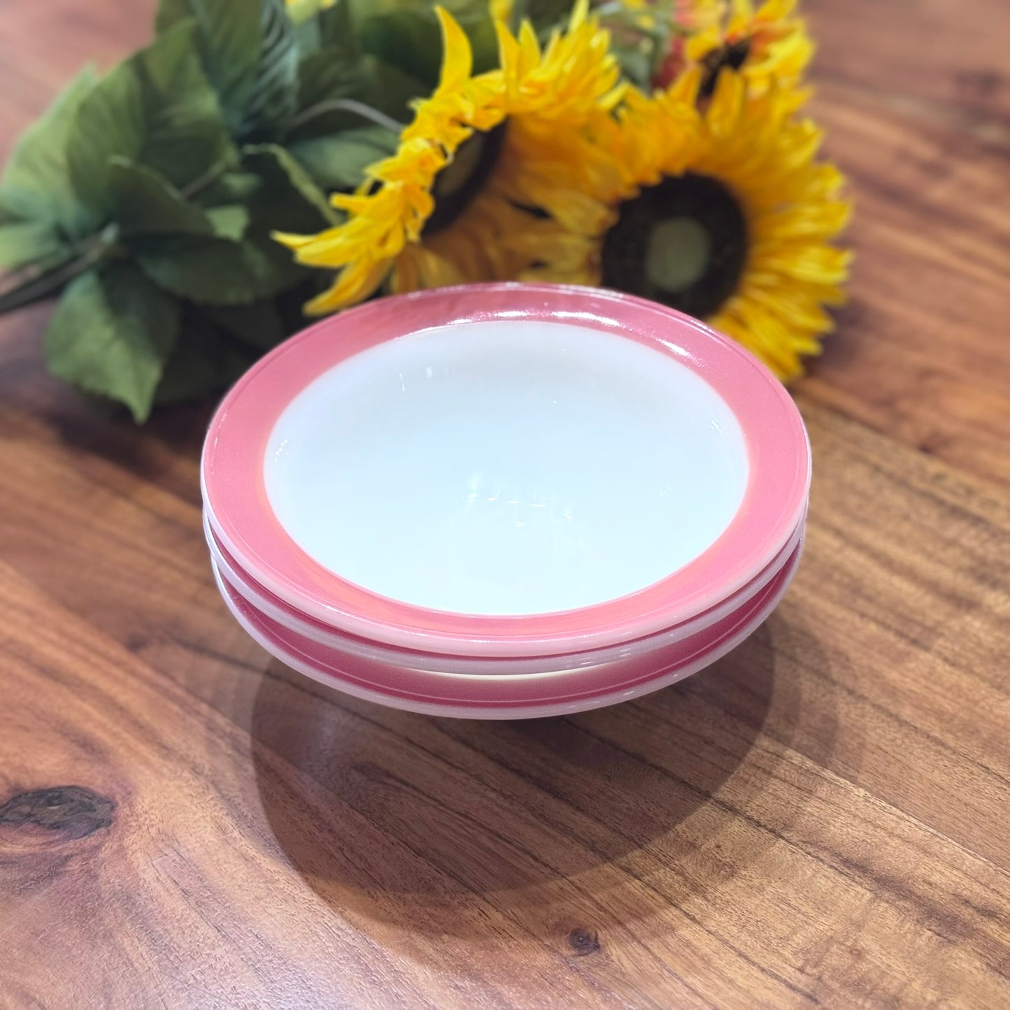 PYREX Milk Glass with Flamingo Pink Band Rim Soup Bowls