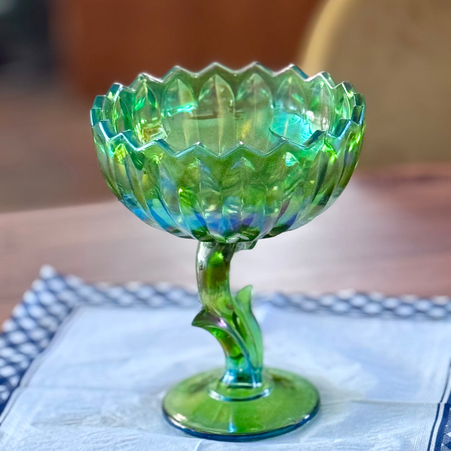 Indiana Green Glass Floral/Lotus Compote/Pedestal Bowl