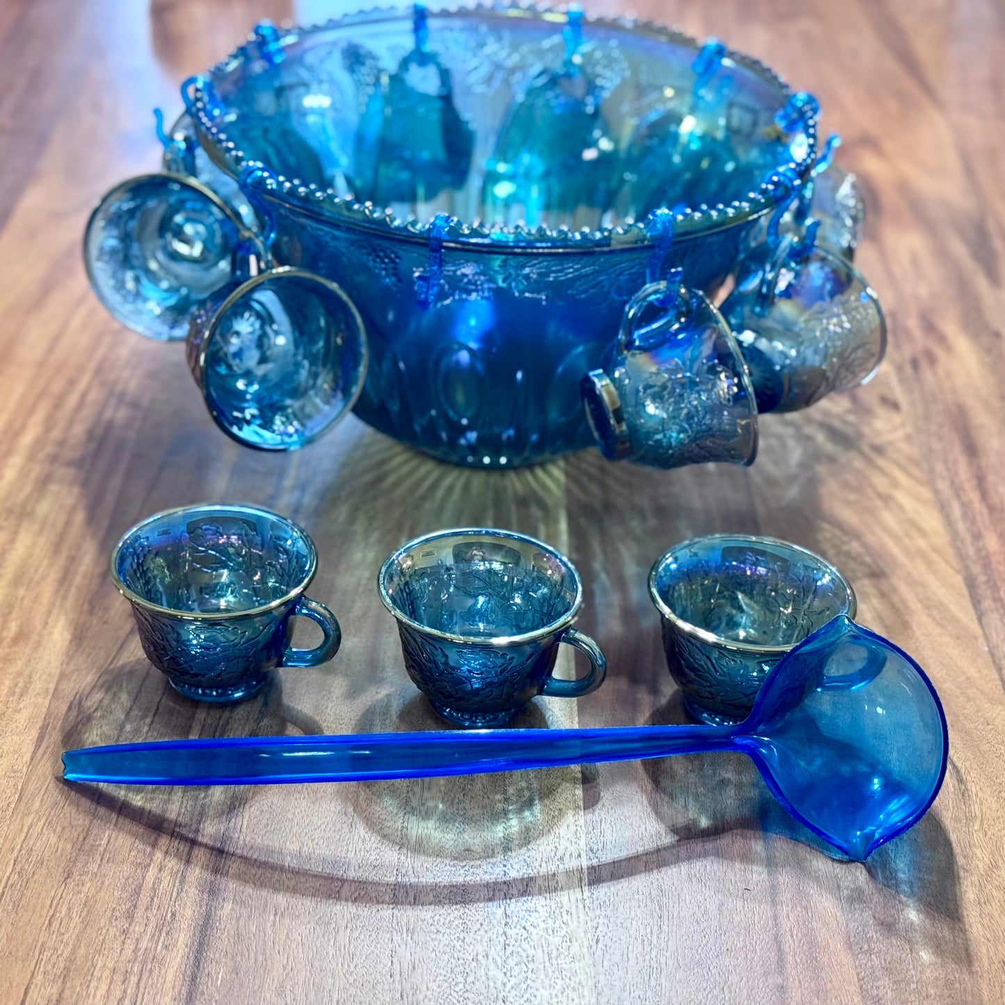 Iridescent Blue Carnival Glass Princess Punch Cups