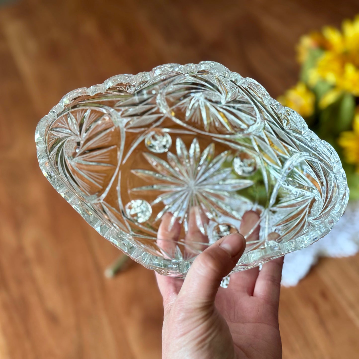 Hand Cut Footed Oval Pinwheel Lead Crystal Bowl