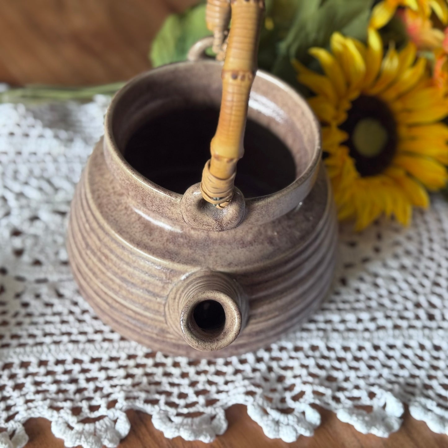 Brown Glazed Pottery & Bamboo Teapot