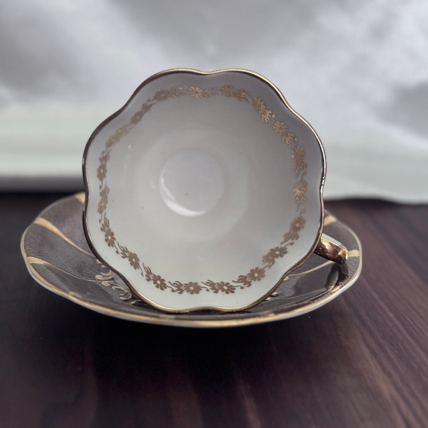 Queen Anne Teacup and Saucer (Brown/White/Gold)