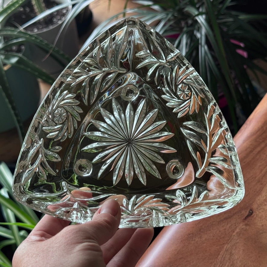 Vintage Hazel Atlas Triangle Footed Cut Glass Dish
