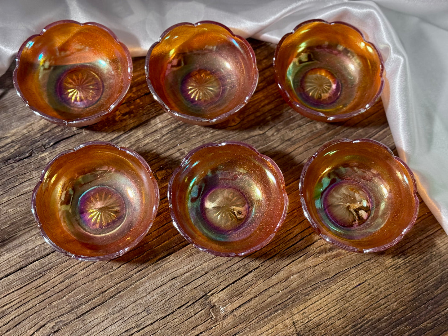 Jeanette Glass/Carnival Glass, Marigold, Crackle Pattern, Small Bowls