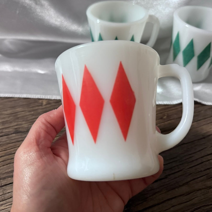Fire King Red & Green Diamond/Harlequin Mugs