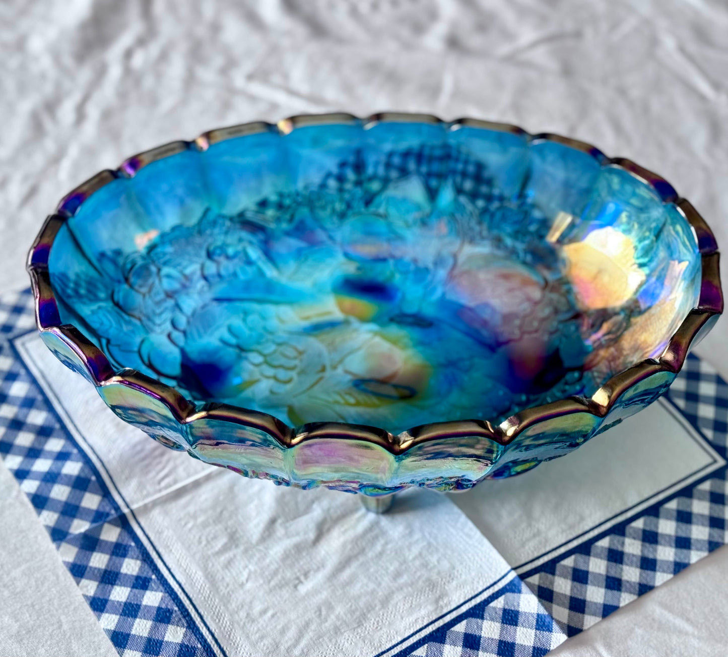 Indiana Blue Carnival Glass Oval Harvest Fruit Bowl