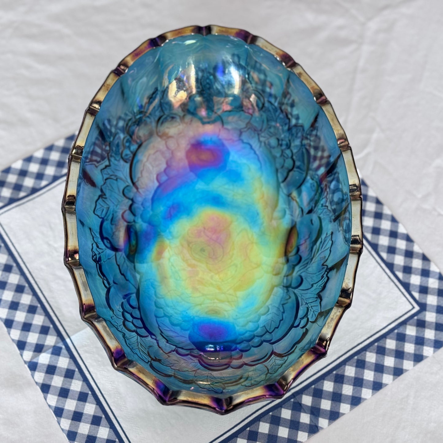 Indiana Blue Carnival Glass Oval Harvest Fruit Bowl